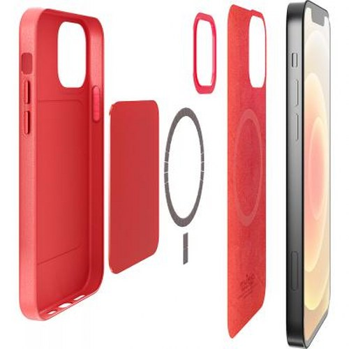 Vista esplosa di una custodia rossa per iPhone con anello MagSafe e iPhone.