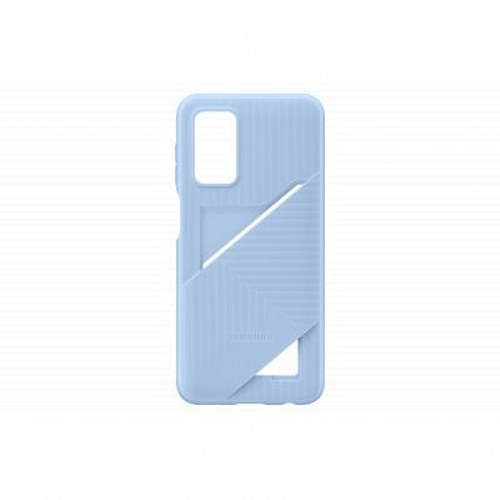 Una funda de teléfono azul claro con ranura para tarjeta y patrón acanalado.