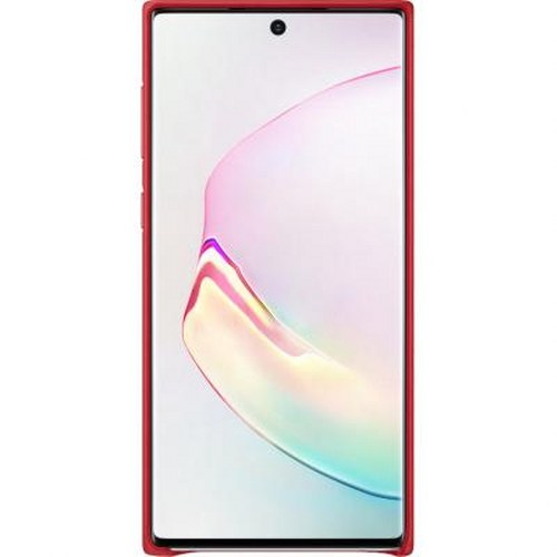 Un smartphone rojo con pantalla blanca y un pequeño agujero para la cámara.
