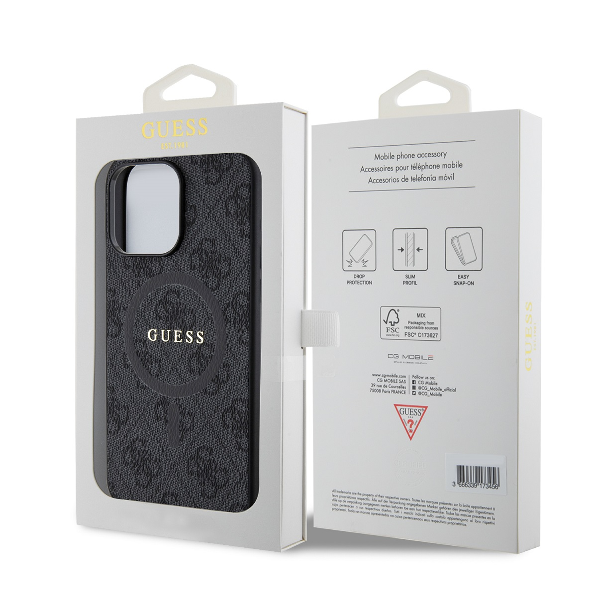 Custodia Guess grigia con motivo, confezione con informazioni prodotto.