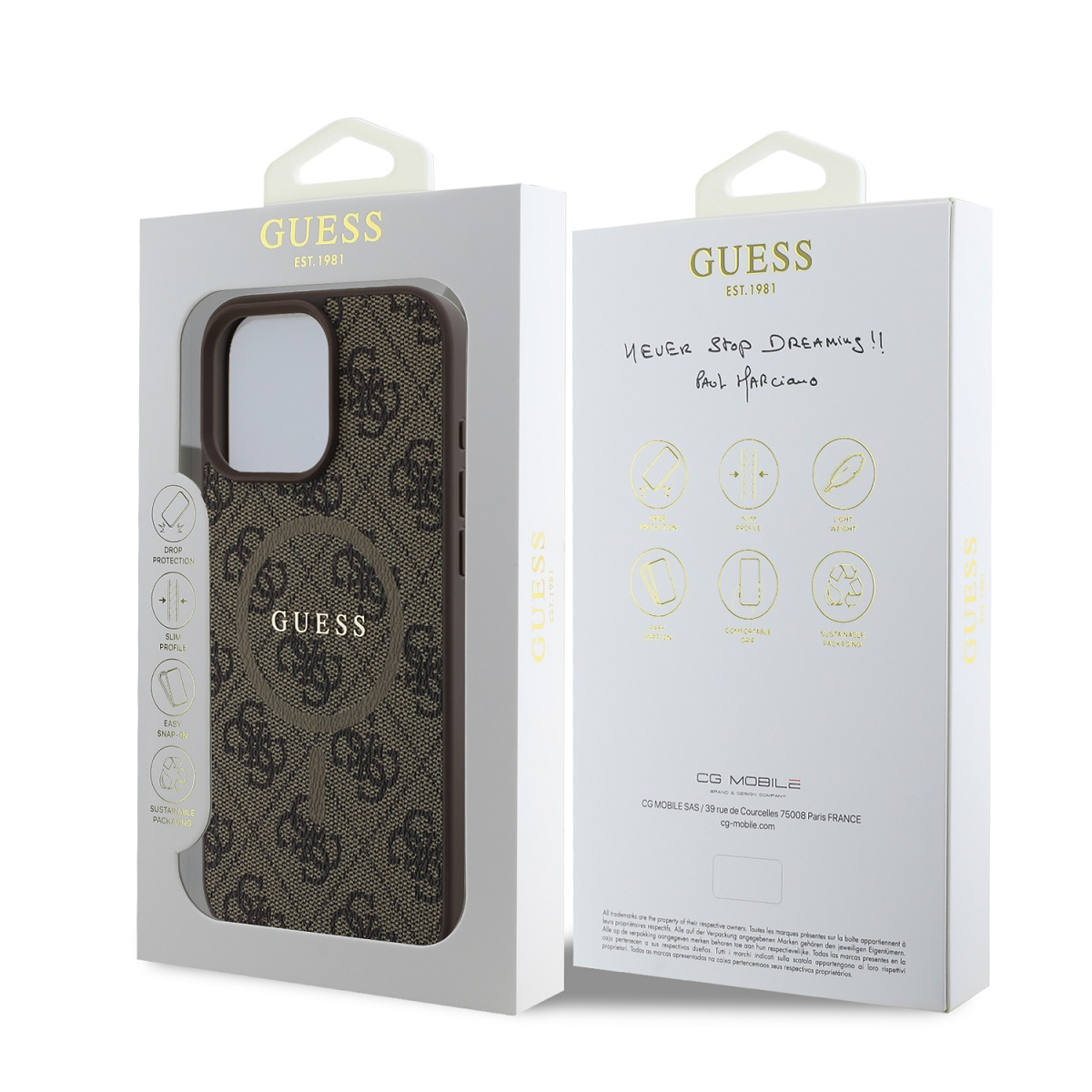 Confezione custodia Guess con stampa monogramma e caratteristiche prodotto.