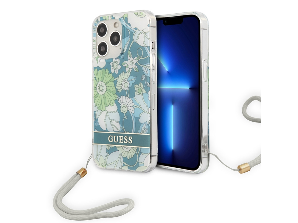 Una custodia blu per telefono con motivo floreale e logo GUESS, accanto a un telefono.