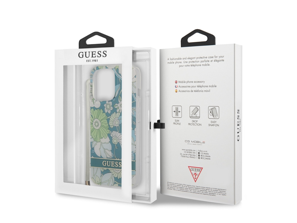 Custodia per telefono Guess con motivo floreale in confezione, con informazioni sul prodotto.