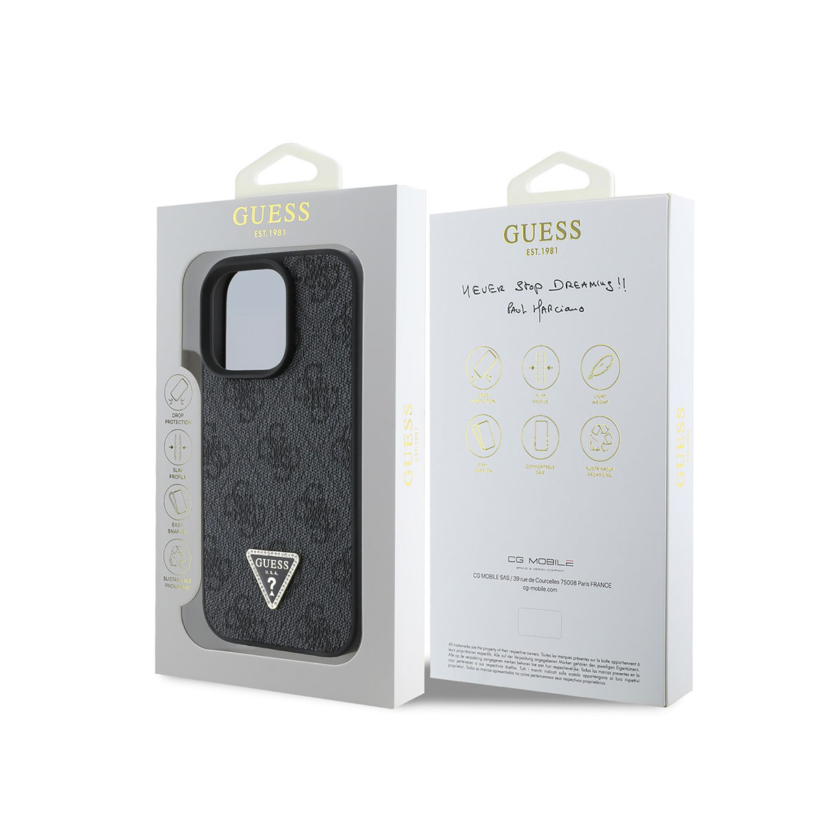 Custodia Guess in texture nera a fantasia con logo su confezione grigia.