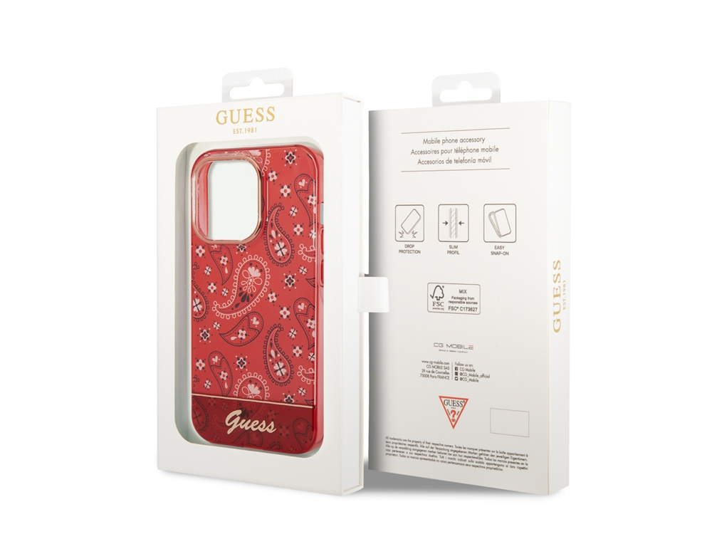 Custodia rossa Guess con motivo paisley nella confezione, a sinistra, con logo.