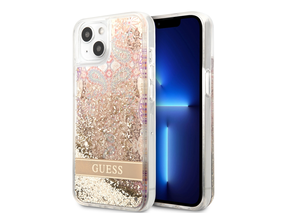Una cover trasparente con glitter e fantasia paisley, su un iPhone.