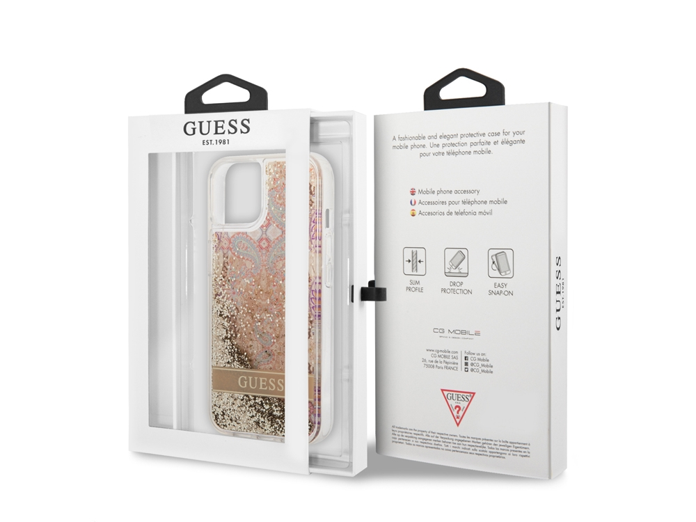 Custodia Guess con glitter e design paisley nella confezione. Profilo sottile, protezione caduta, facile aggancio.