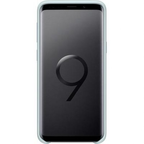 Un telefono azzurro con un grande cerchio nero e un 9 sullo schermo.