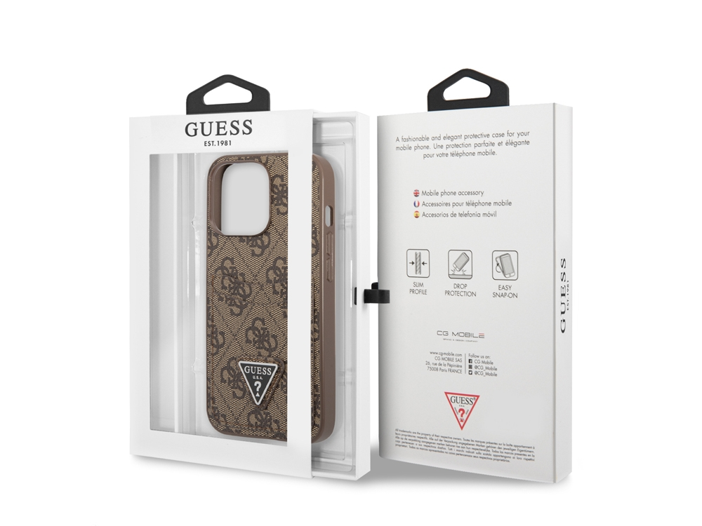Custodia Guess con motivo monogramma marrone e beige, in confezione.
