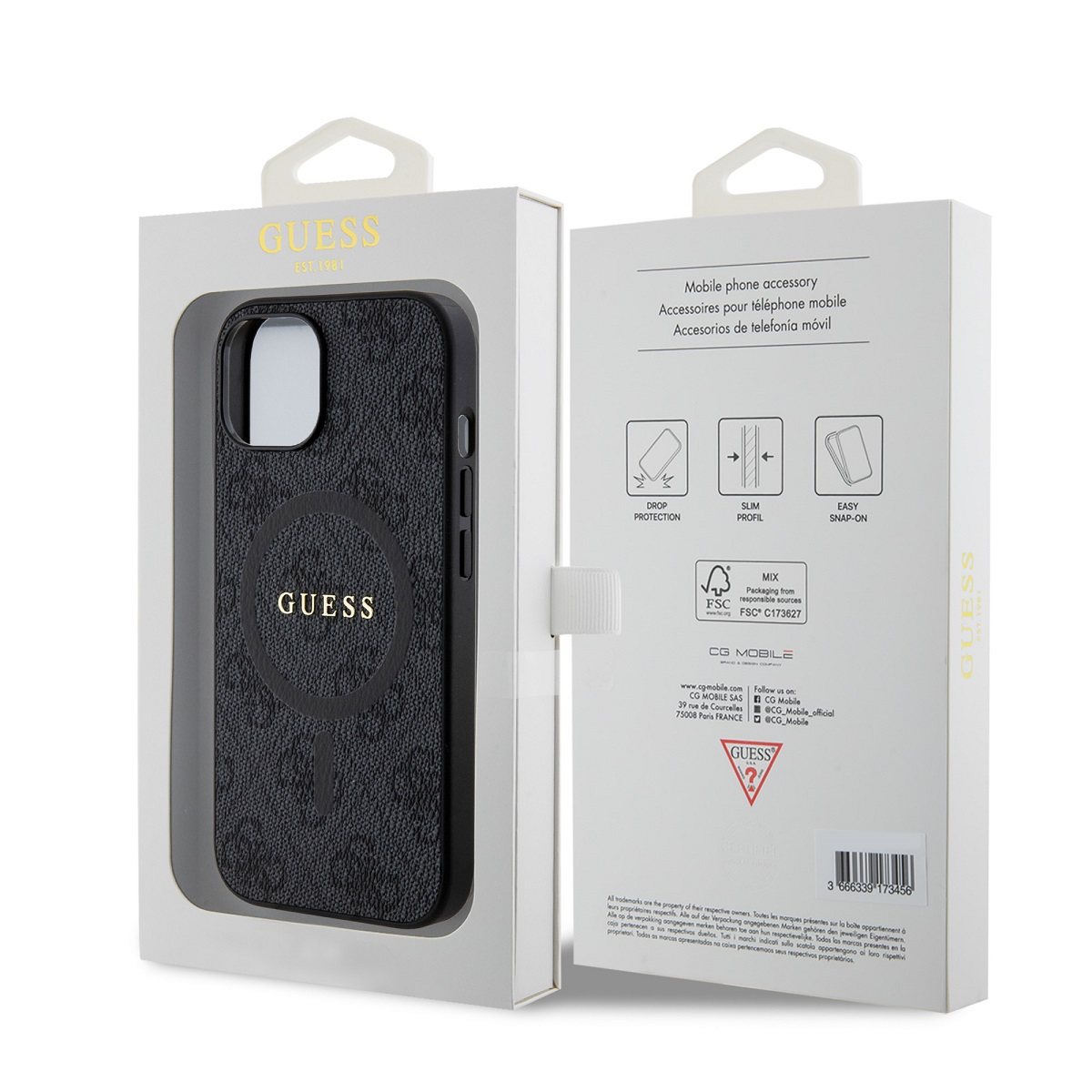 Schwarze GUESS Handyhülle mit Logo und Verpackung. Beschreibungen: Fallschutz, schlank, einfacher Snap-on.