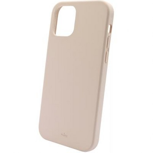 Una cover beige per telefono con ritaglio per fotocamera su sfondo bianco.
