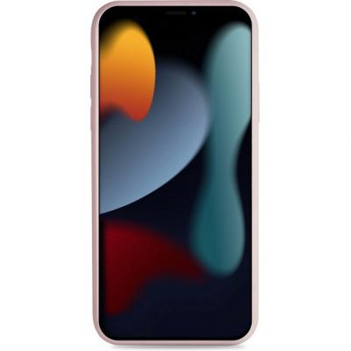Uno smartphone rosa con uno sfondo astratto e forme colorate.