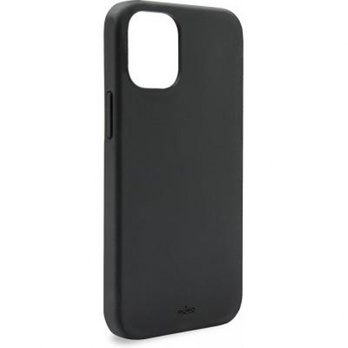 Una custodia nera per smartphone con ritaglio per fotocamera mostrata su sfondo bianco.