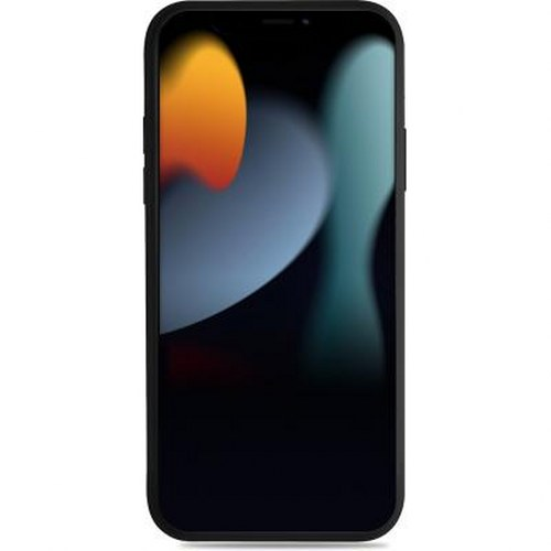 Smartphone nero con sfondo astratto e colorato.