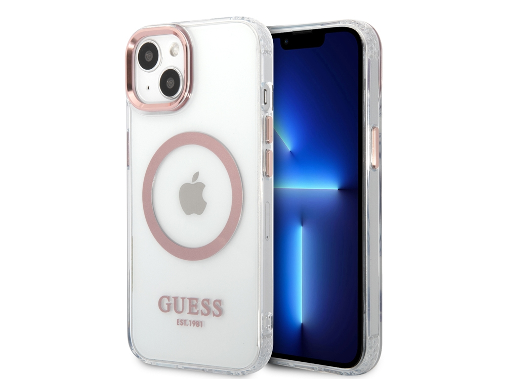 Un iPhone in custodia trasparente con logo Apple e marchio Guess.