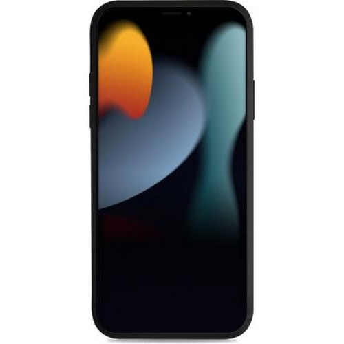iPhone nero con sfondo astratto scuro con macchie arancioni e turchesi.