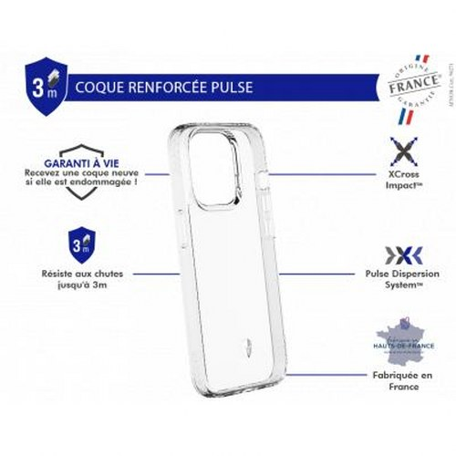 Custodia trasparente per telefono con testo "Pulse Reinforced Cover" ed etichetta Francia.