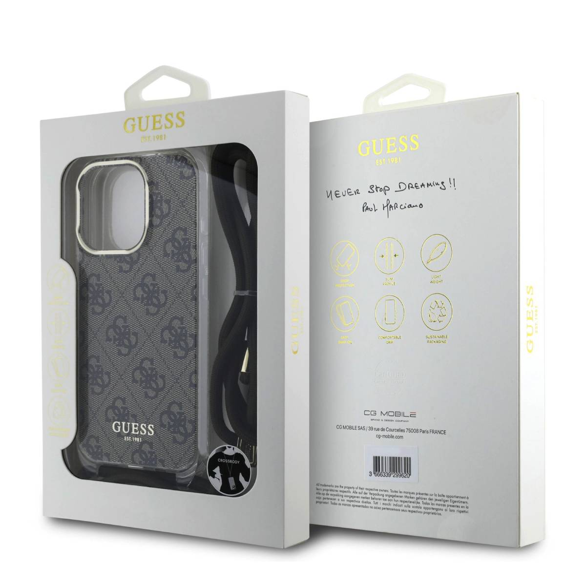 Custodia Guess per telefono con motivo monogramma e laccetto in confezione.
