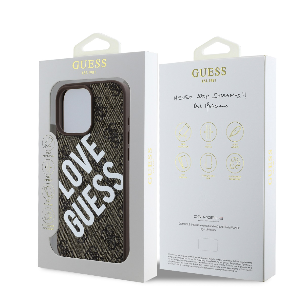 Custodia Guess con stampa 'Love Guess' su sfondo marrone.
