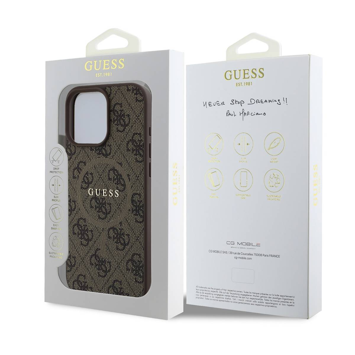 Una custodia per telefono GUESS marrone con motivo monogramma e confezione.