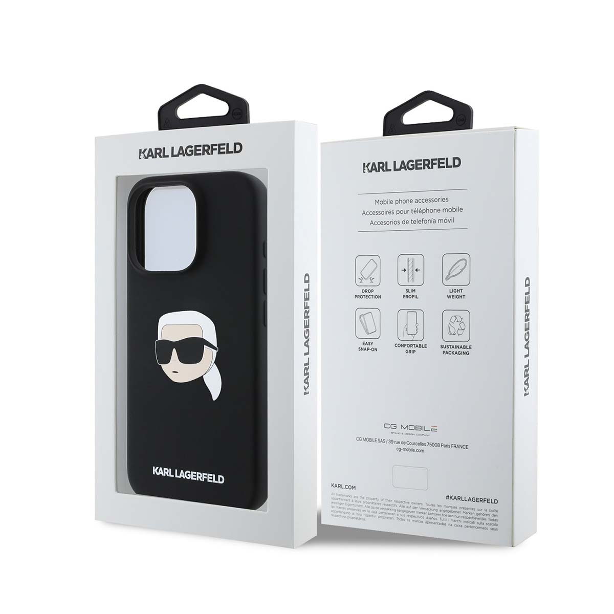 Custodia Karl Lagerfeld con design Choupette, presentata in confezione.