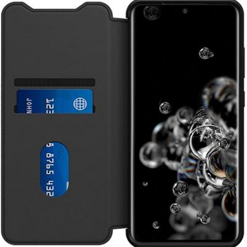 Custodia a libro nera per telefono con slot per carte e schermo con motivo a bolle.
