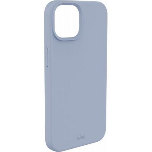 Una cover blu chiaro per telefono con ritaglio per fotocamera, su sfondo bianco.