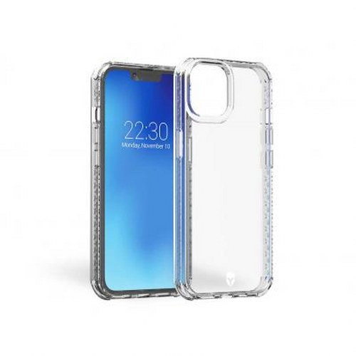 Una cover trasparente per telefono accanto a uno smartphone con schermo blu che mostra le 22:30.