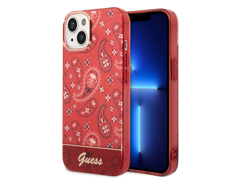 Cover rossa per telefono con fantasia paisley e logo Guess, accanto a uno smartphone.