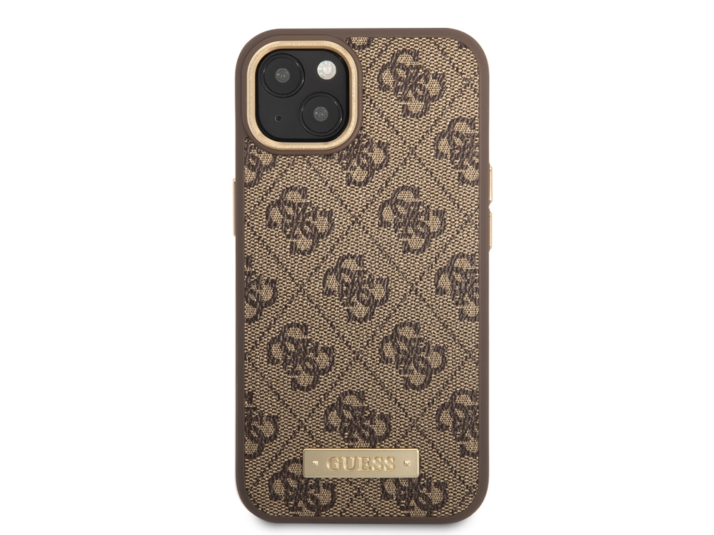 Custodia per telefono marrone con motivo logo GUESS e due fotocamere.