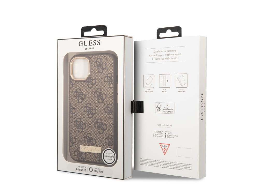 Confezione custodia Guess per iPhone 13 con MagSafe. Presenta logo e sistema magnetico.