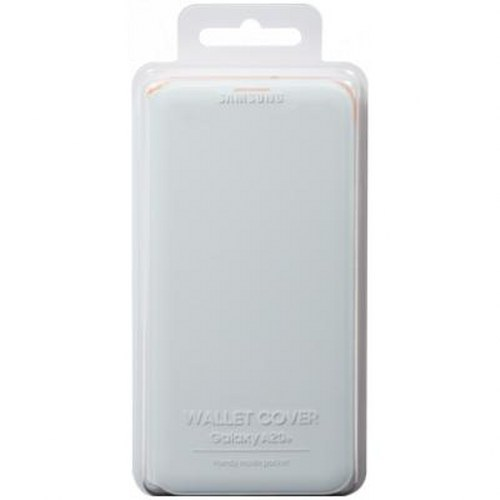 Una cover a portafoglio bianca Samsung per Galaxy A20 in confezione trasparente.