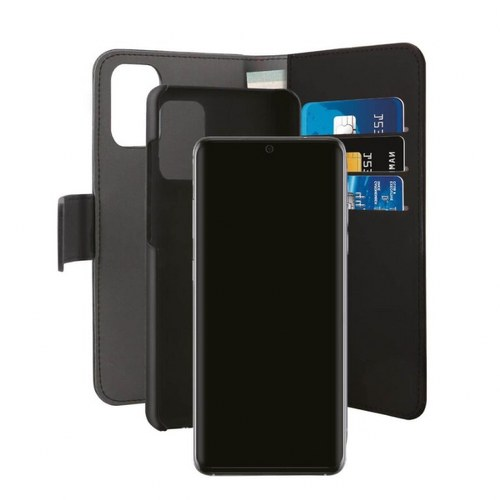 Custodia a libro nera per telefono con slot e carte.