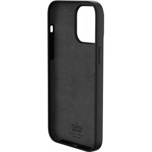 Custodia nera Puro per telefono, interno con logo, con ritagli per fotocamera e pulsanti.