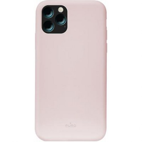 Una cover per telefono rosa con un gruppo di obiettivi della fotocamera in alto a sinistra.