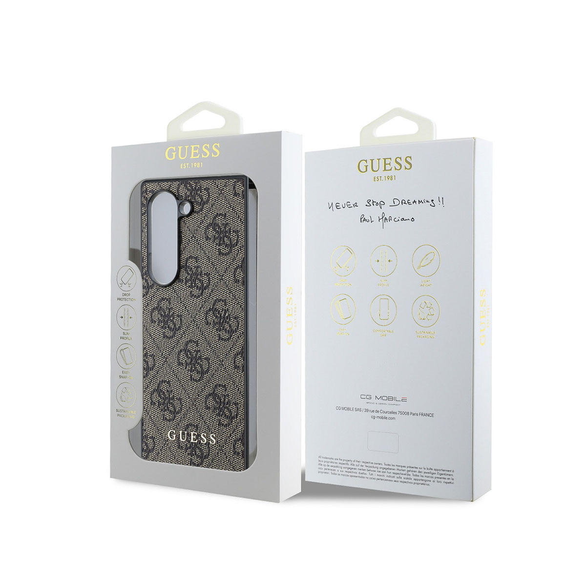 Custodia Guess con stampa logo marrone/grigio, confezionata in scatola con caratteristiche.