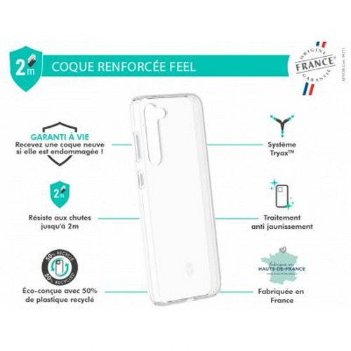 Custodia trasparente per telefono con caratteristiche: resistente alle cadute fino a 2m, garanzia a vita, 50% riciclato.
