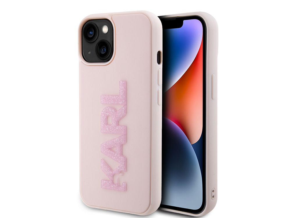 Eine rosafarbene iPhone-Hülle mit glitzernden KARL-Buchstaben ist auf weißem Hintergrund abgebildet.