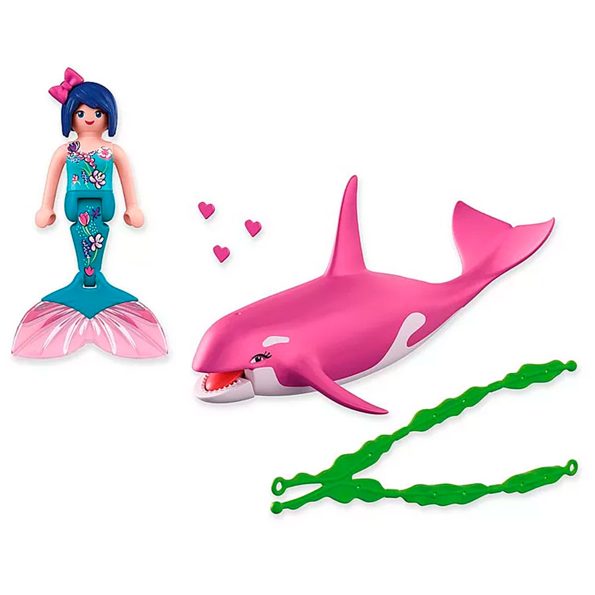 Una figura de sirena junto a una orca rosa y accesorios verdes.