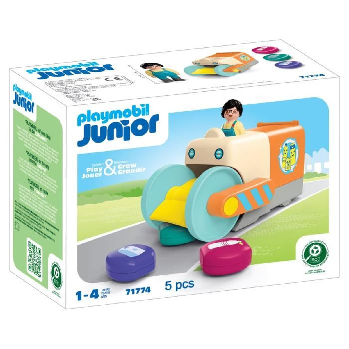 Macchinina giocattolo Playmobil Junior con figura, elementi viola e rosa.
