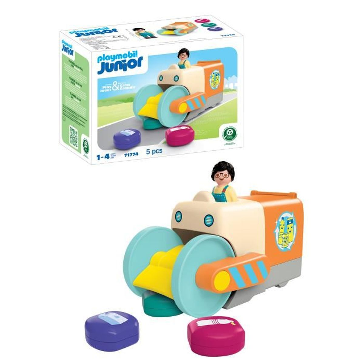 Gioco di costruzione Playmobil Junior con figura, veicolo e due blocchi.