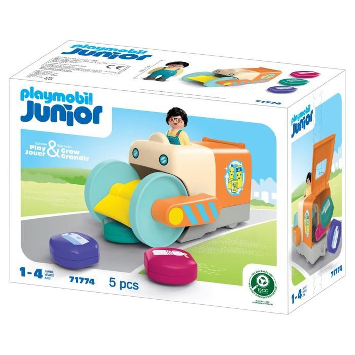 Giocattolo Playmobil Junior con veicolo e figure sulla scatola.