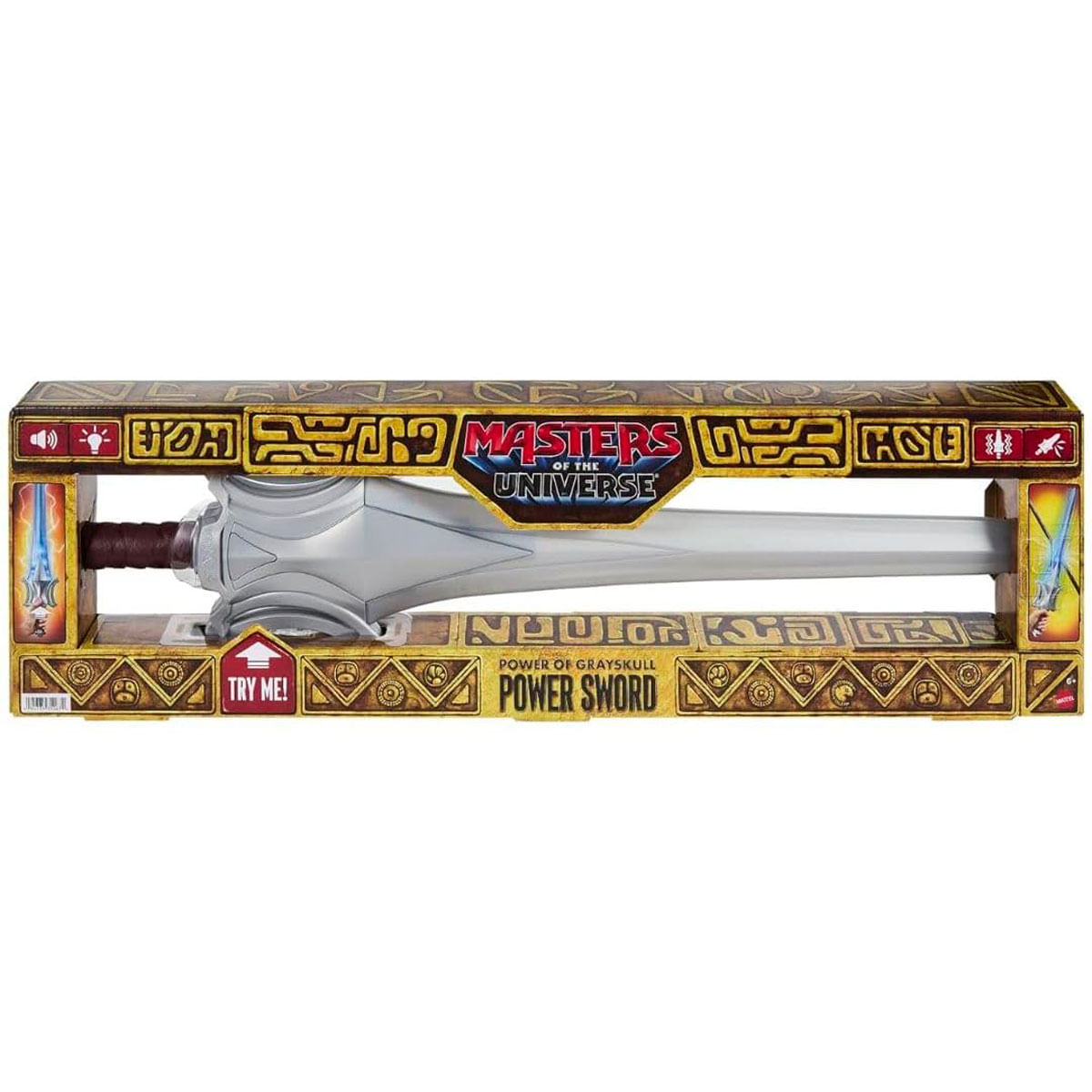Una espada de juguete plateada en una caja de Masters of the Universe.