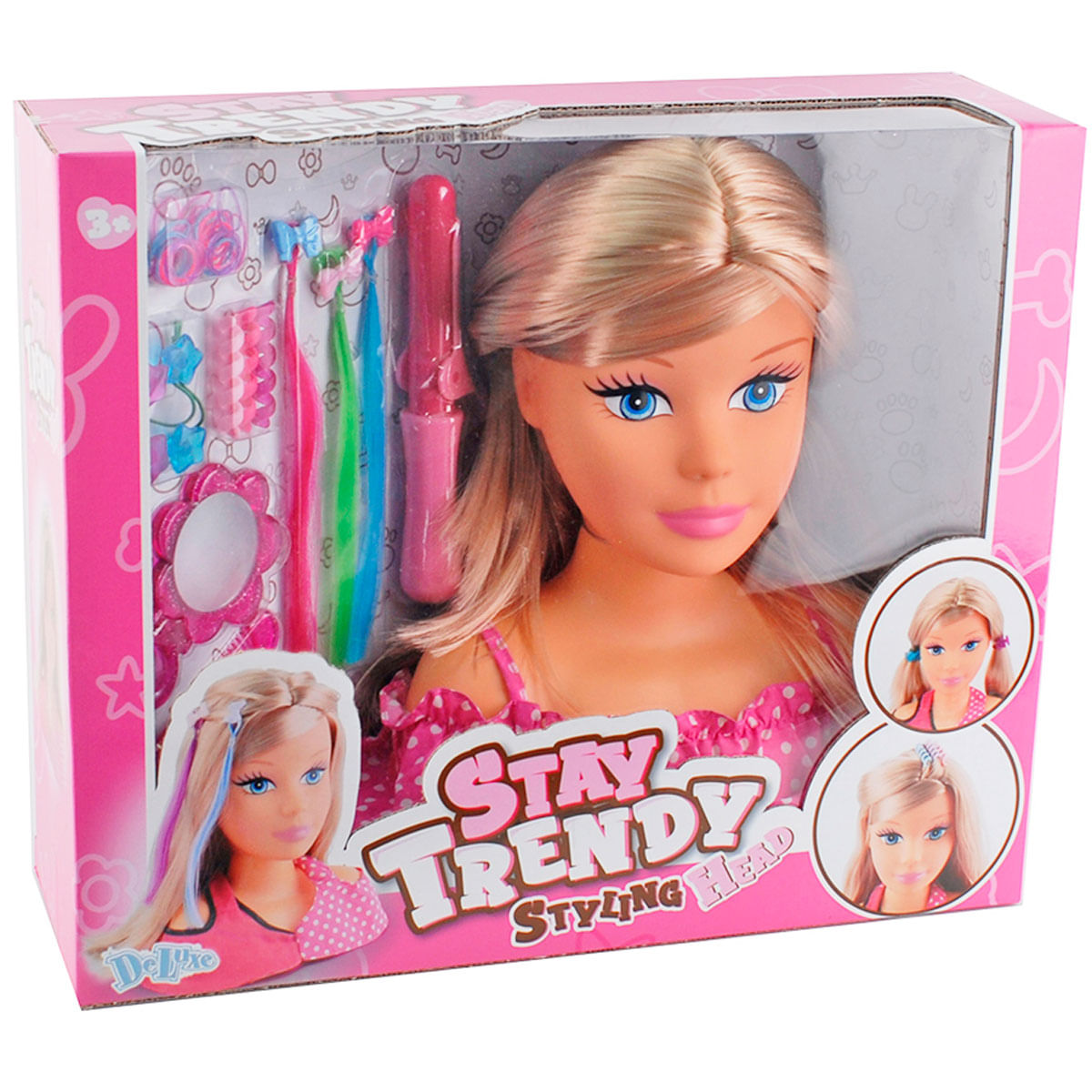 Una muñeca de estilismo con accesorios para el cabello, cepillos y herramientas.