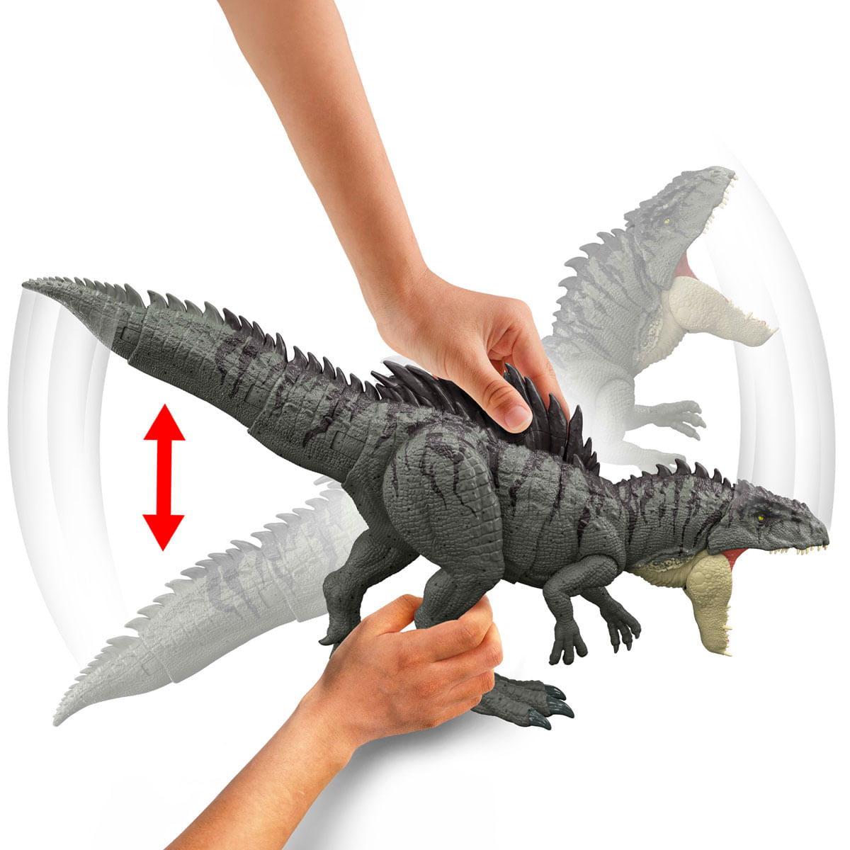 Manos mueven un dinosaurio gris con flechas rojas indicando movimiento arriba y abajo.