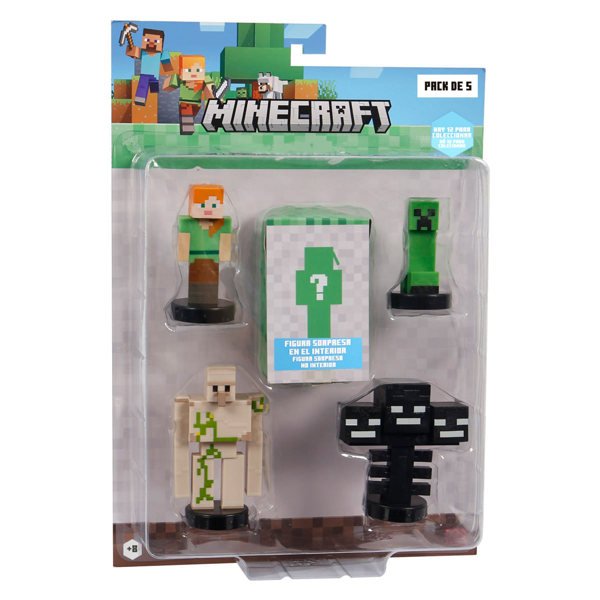 Pack de figuras Minecraft: Alex, Creeper, Golem y Wither en caja.