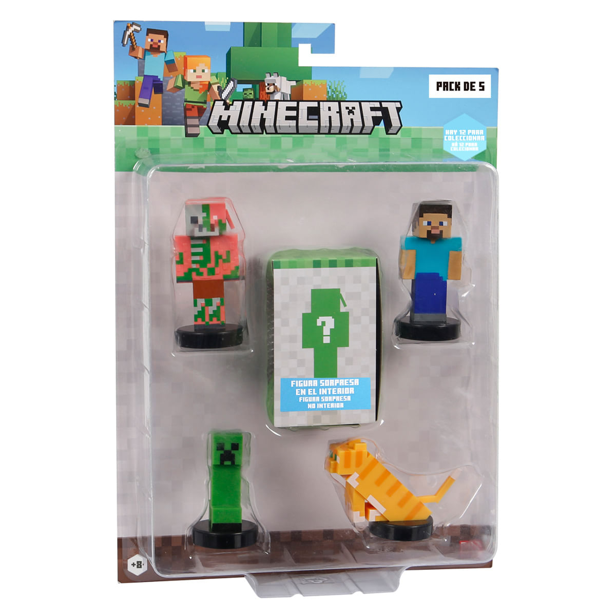 Pack de figuras de Minecraft con Steve, Creeper, zombi y gato.