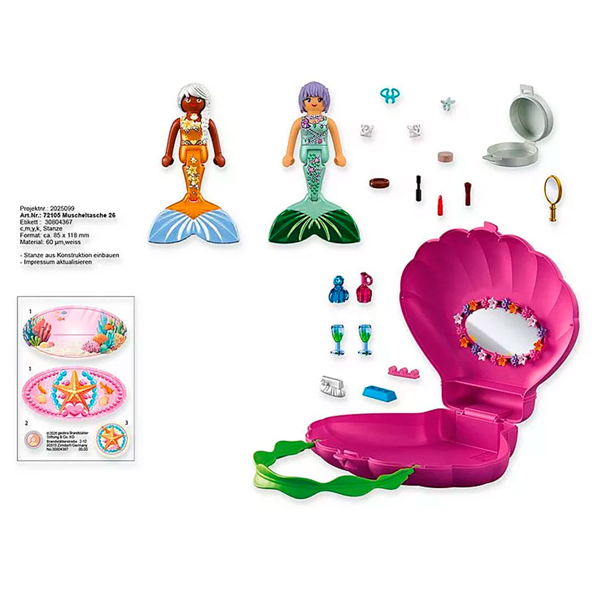 Dos sirenas de Playmobil con accesorios y un bolso de concha abierto.