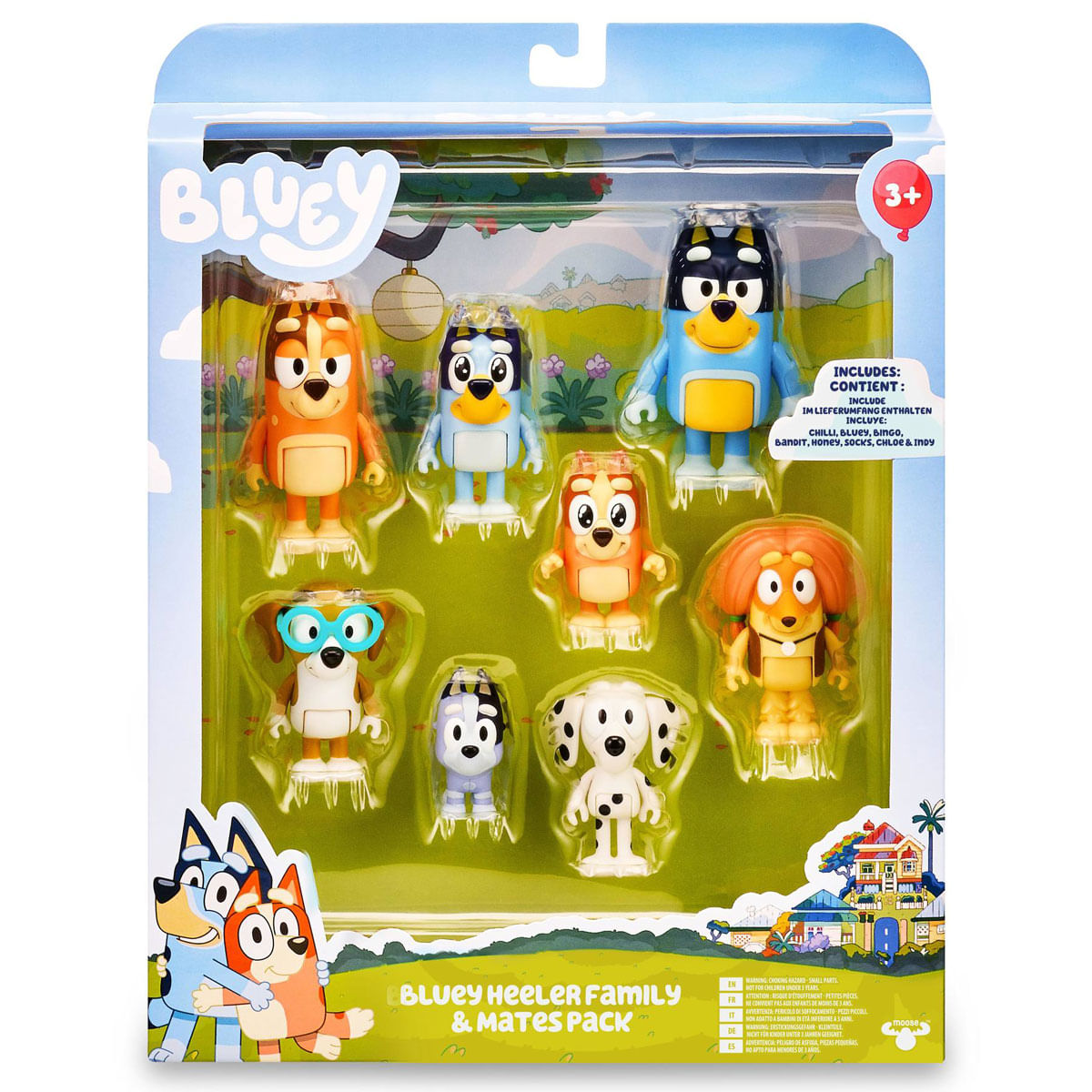 Set de figuras de juguete de Bluey: Bluey, Bingo, Chilli, Bandit y amigos.