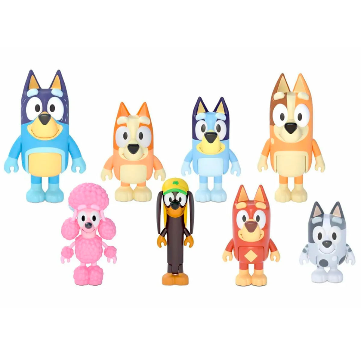 Siete juguetes de perros de dibujos animados: Bluey, Bingo, Bandit, Chilli, Muffin, Socks y un caniche rosa.